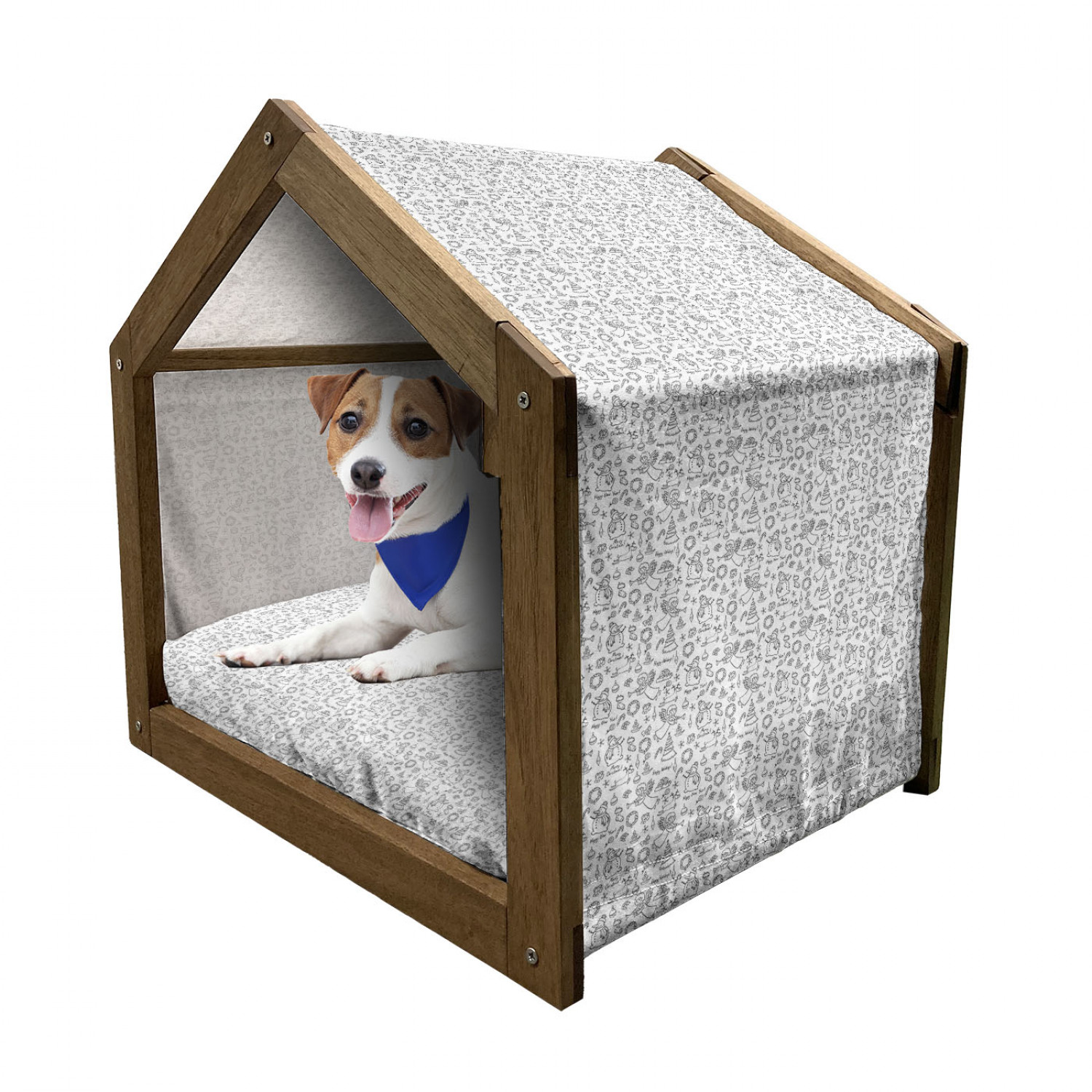 Floral Patterned Wooden Dog House with Canopy and Pillow