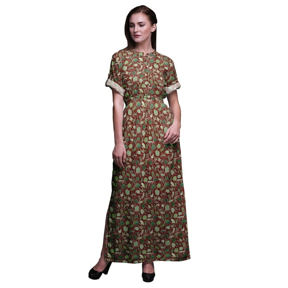 Bimba Rayon Cabbage Leaves Ladies Long Gown Boho Beach Cocktail Party Maxi Slit Dress-Small