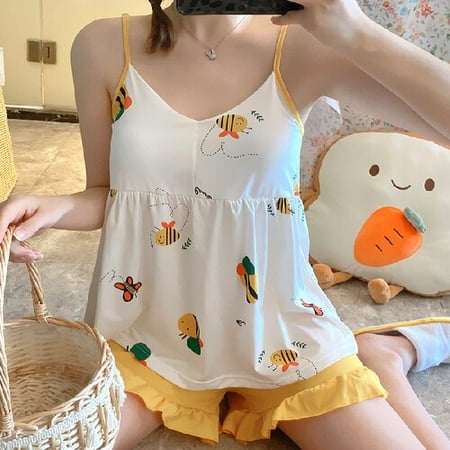

DanceeMangoo WAVMIT Summer Sleepwear Set New Sling Shorts Dee Sexy Pajama Set Cute Womens Home Cloth Print Pyjamas with Chest Pad Nightwear