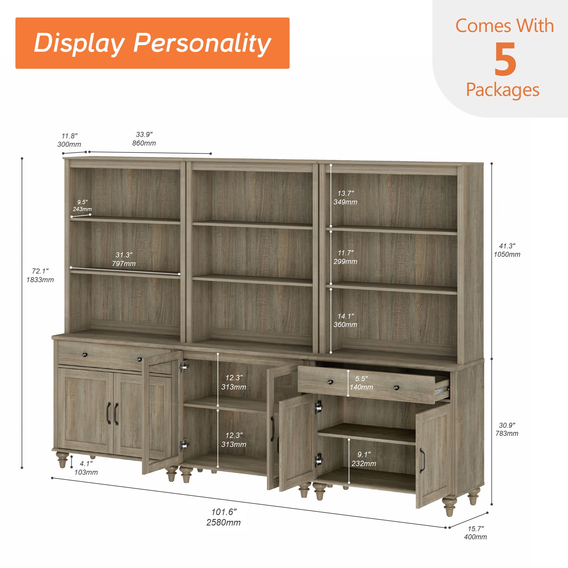 Farmhouse 5 Tier Bookcase With Doors & Drawers, Wash Gray, 101.6" W