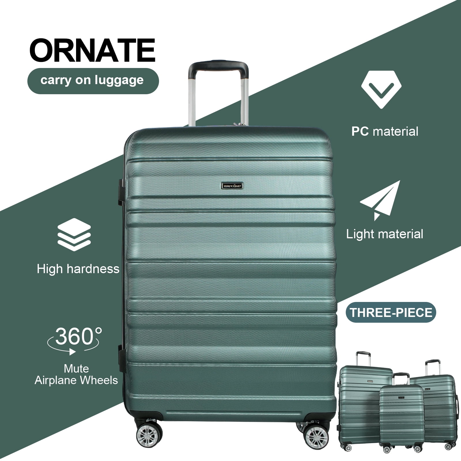 Tripcomp Hardside Luggage Set 3-Piece Set (21/25/29) Lightweight Suitcase 4-Wheeled Suitcase Set(Green)