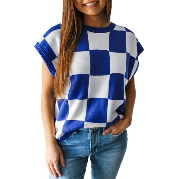 Women's Dark Blue Checkerboard Round Neck Sweater Vest - Classic & Versatile | [ZhiHiMeRi] | (US 12-14)L