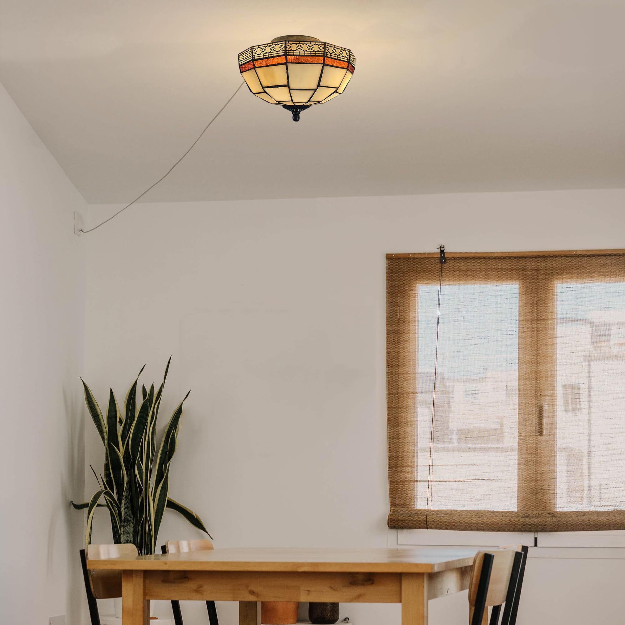 Kiven 9.84in Flush Mount Ceiling Light Fixture Dimmable, 2-Light Anti Glare Close to Ceiling Light with 15FT Plug-in Cord, Tiffany-Style Glass Chandelier for Bedroom Kitchen Hallway(No.3229)