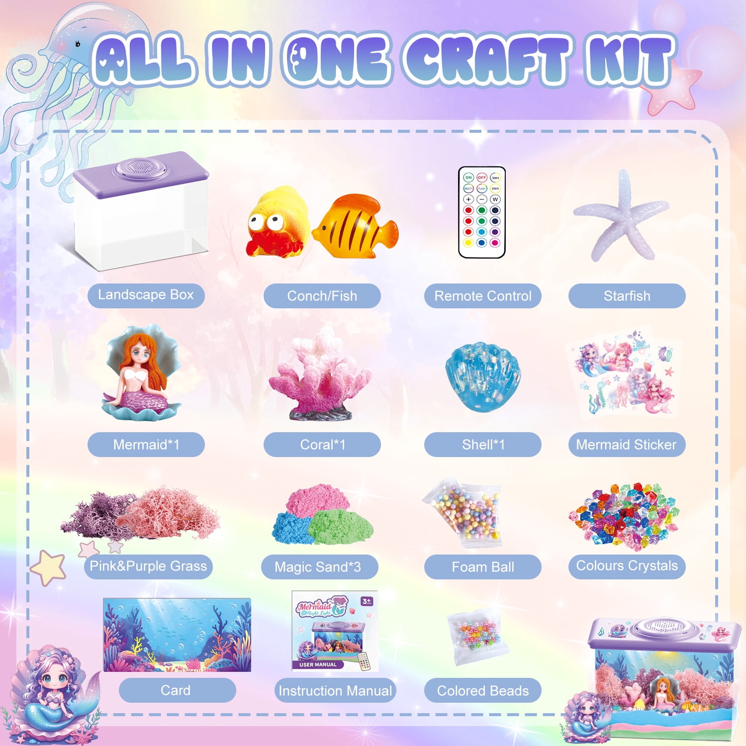 Caunedy Mermaid Terrarium Kit for Kids,DIY Arts and Crafts Kit,Perfect Birthday Gifts for Kid Aged 4-12