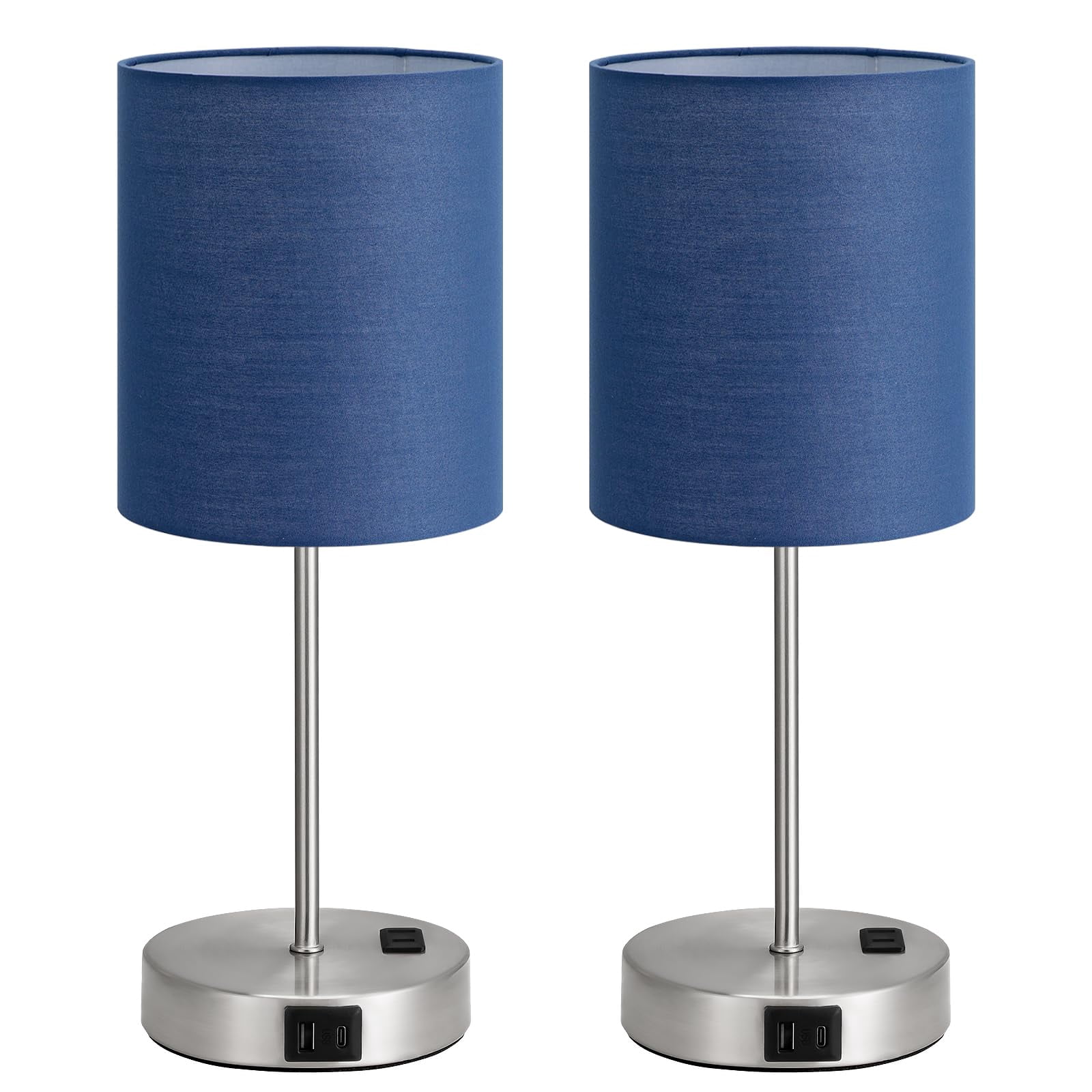 Blue Touch Lamps For Nightstand Set Of 2 - Bedside Table Lamp Bedroom With Dual Usb Ports & Ac Outlet  3-way Dimmable Living Room Night Light 5000k Daylight Bulbs