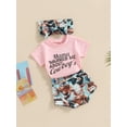 thumbnail image 3 of Bagilaanoe 3Pcs Newborn Baby Girl Short Pants Set Short Sleeve Letter T-Shirts Tops + Shorts + Headband 3M 6M 12M 18M Infant Casual Summer Outfits, 3 of 8