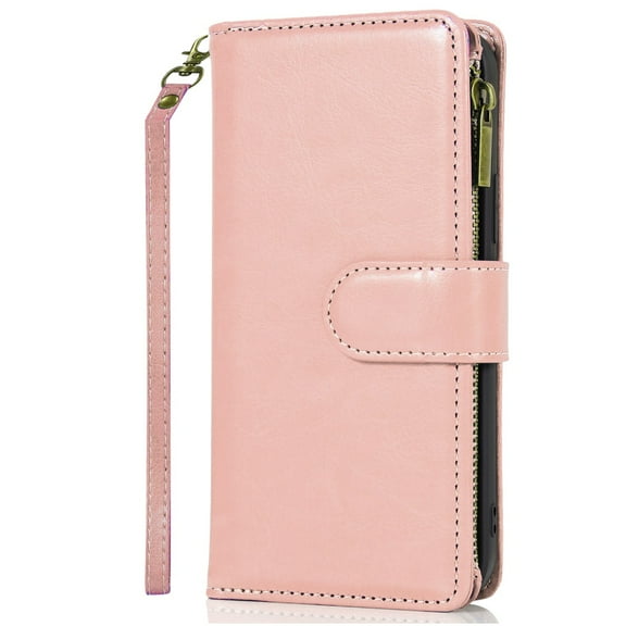 For iPhone 16E / SE4 Luxury Wallet Card ID Zipper Money Holder - Rose Gold
