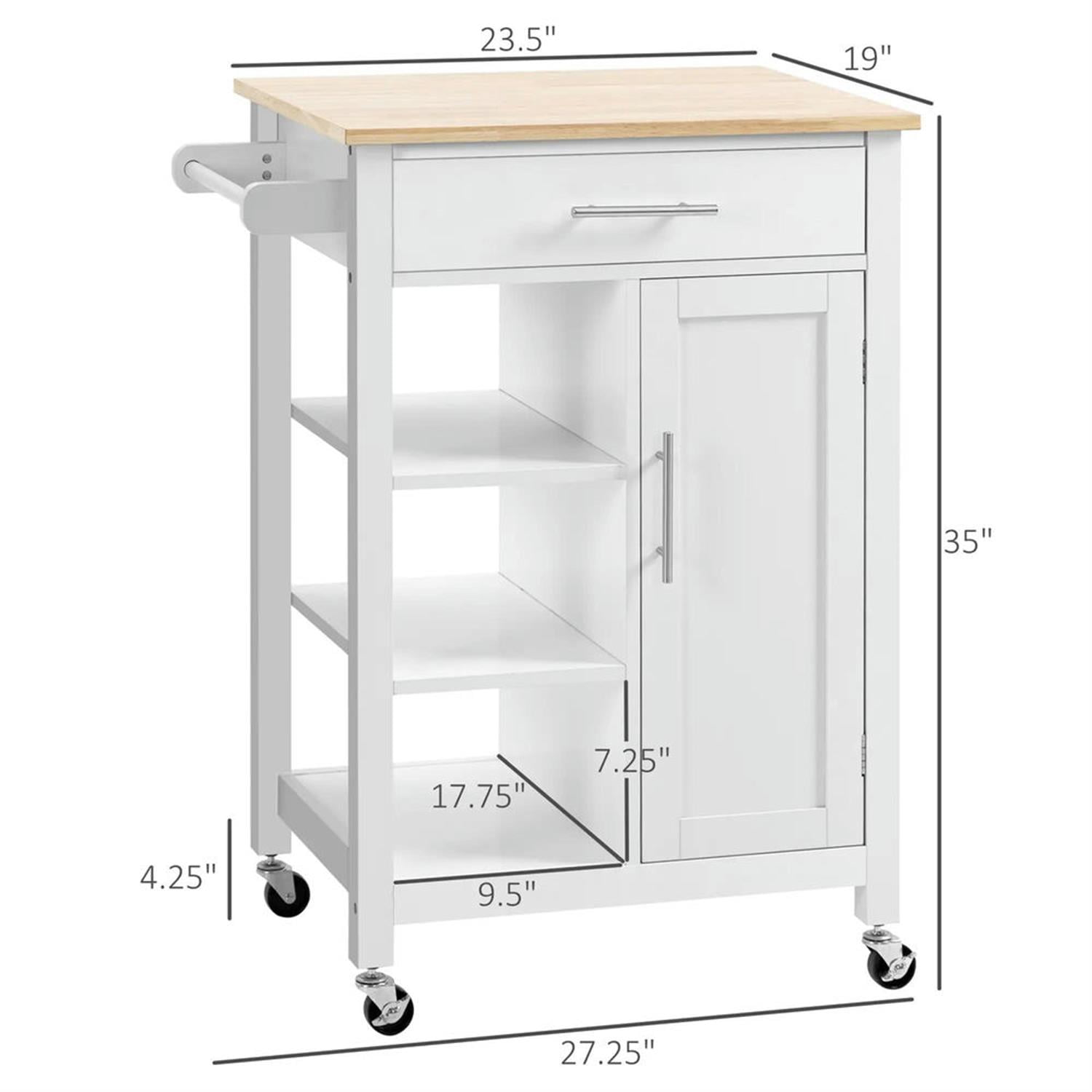 Demi Bonn Kitchen Island Cart on Wheels with Storage, Rolling Dining Room Serving Utility Carts Mobile Movable with Solid Wood Top and Drawer, White