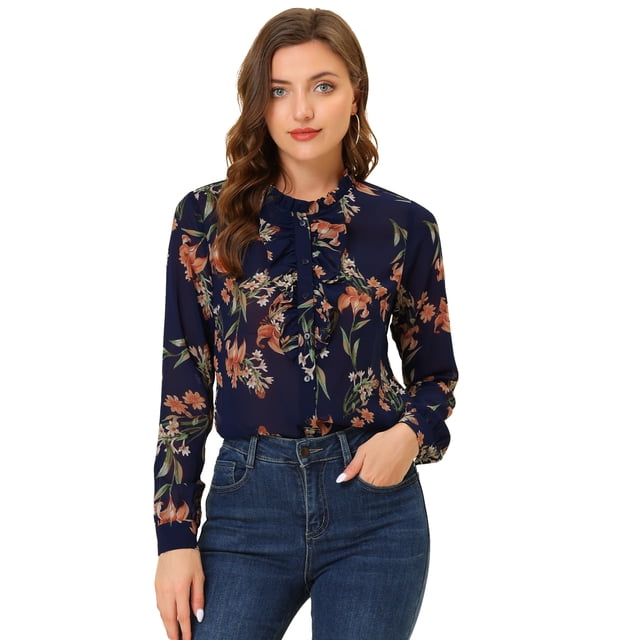 INSPIRE CHIC Women's Ruffle Collar Long Sleeve Button Down Floral Shirt