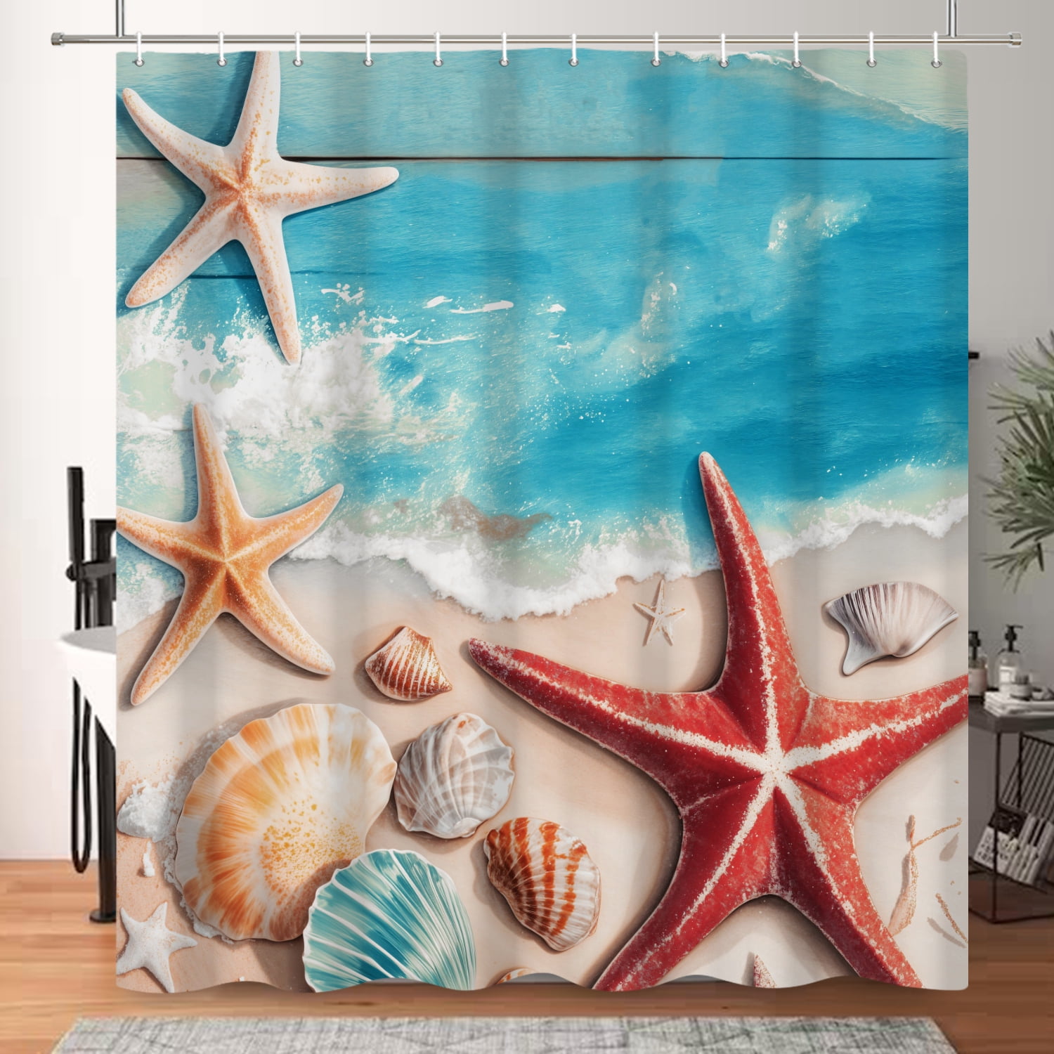 SUNOLIFE Ocean Beach Theme Shower Curtain,Nautical Coastal Seashell Starfish Bathroom Curtain with Hooks,72x72 in