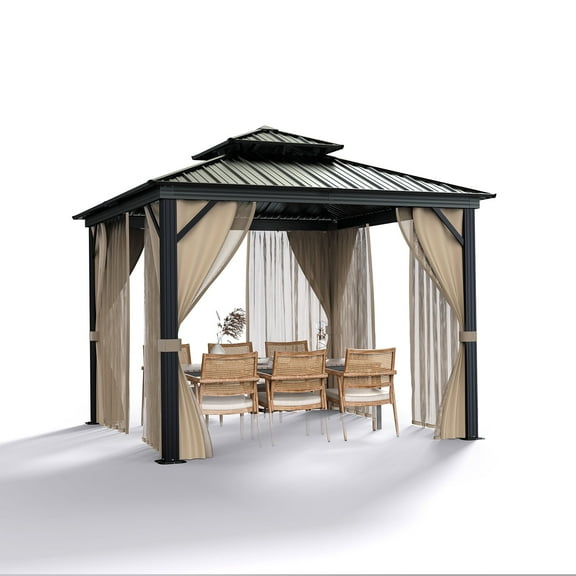 10X10FT Hard Top Metal Gazebo Patios Double Roof Canopy Aluminum Frame Garden Gazebo Tent Curtains Netting for Patios Backyards Decks Lawns