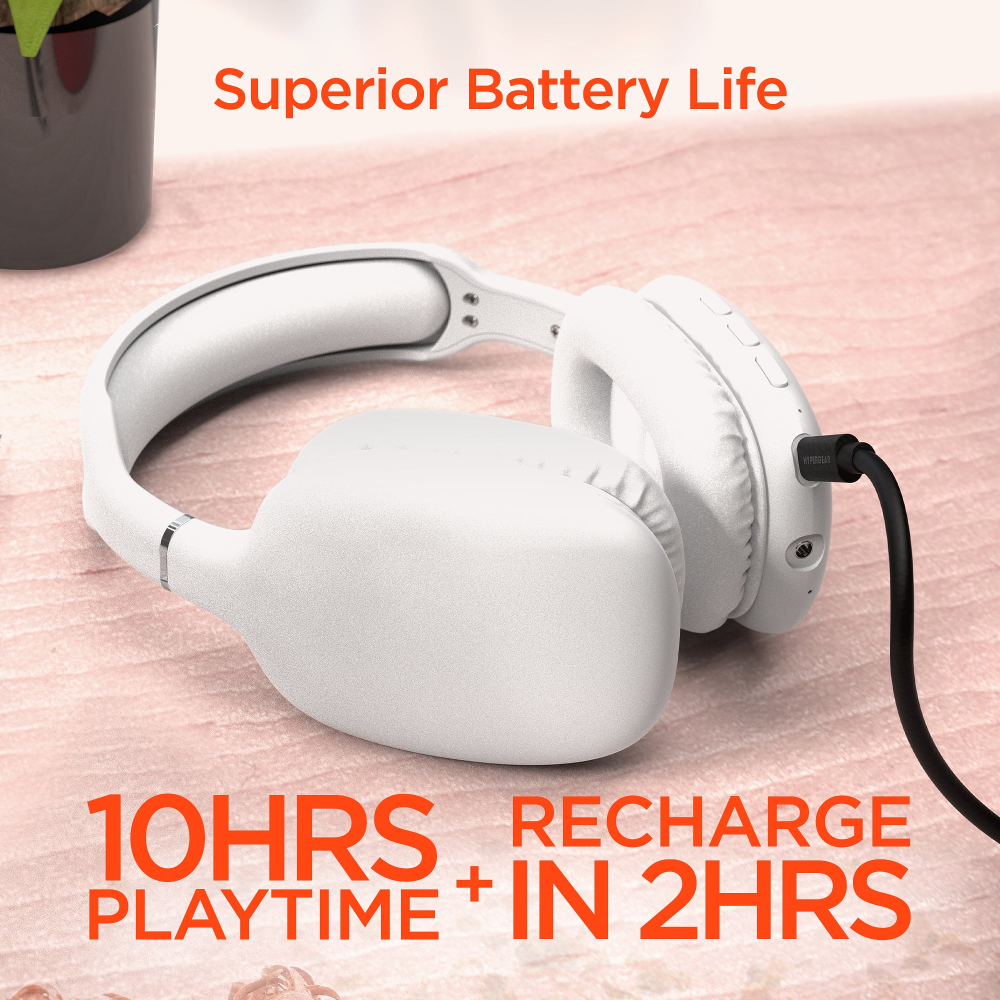 Hypercel HyperGear VIBE Wireless Over-Ear Bluetooth Headphones with USB-C Cable, White