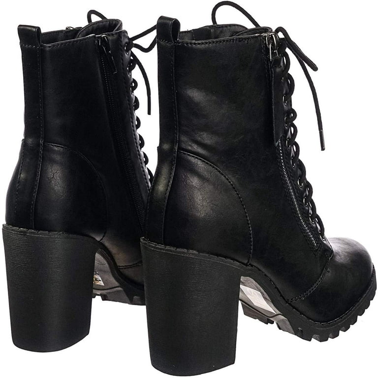 Soda Malia Vegan Stacked Lug Heel Lace Up Ankle Booties 8 Black