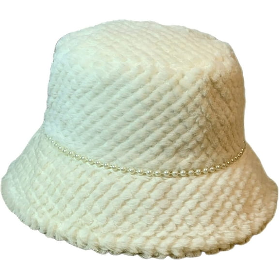 CoCopeaunts Women Bucket Hat Solid Color Plaid Textured Pearl Fisherman Hat Packable Foldable Plush Soft Comfortable Warm Caps