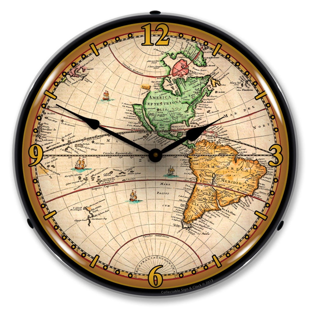 1730 World Map LED Wall Clock, Retro/Vintage, Lighted, 14 inch