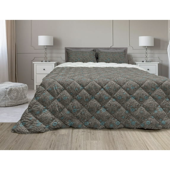 Oriental Comforter & Sham Bedding Set, Abstract Inspirations Curved and Swirled Lines Inspirations, 3 pcs Duvet Set Microfiber Filling Quilt, 5 Sizes, Brown White Aqua, by Ambesonne