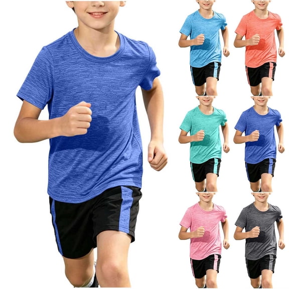 Miqool Boys 2-Piece Summer Athletic Sets Quick Dry Short Sleeve Elastic Waist Shorts Lightweight Sports Sets 1-15 Years