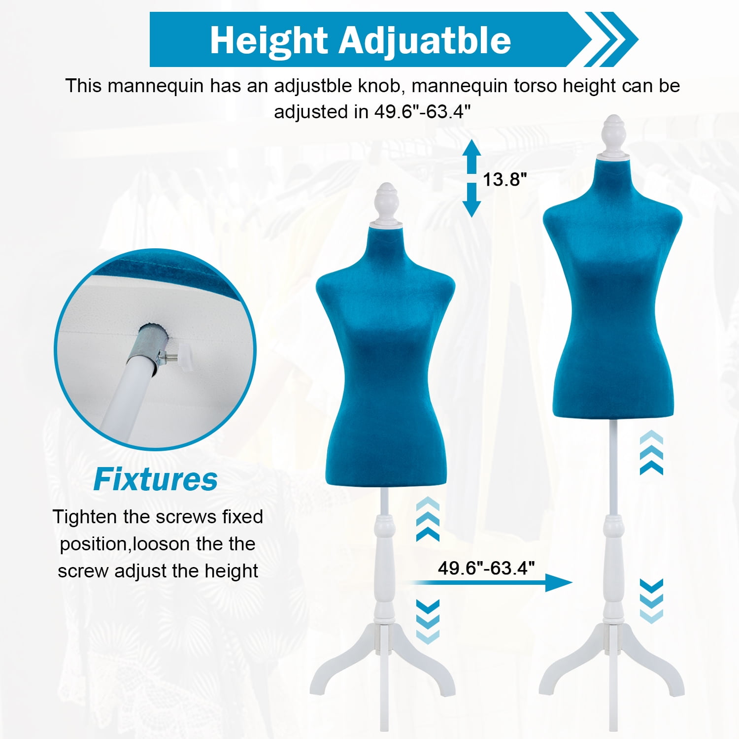 49"-63" Height Dress Form Mannequin Adjustable Female Mannequin Torso Sewing Mannequin Female Dress Model Torso Body Tripod Stand Clothing Forms, Blue