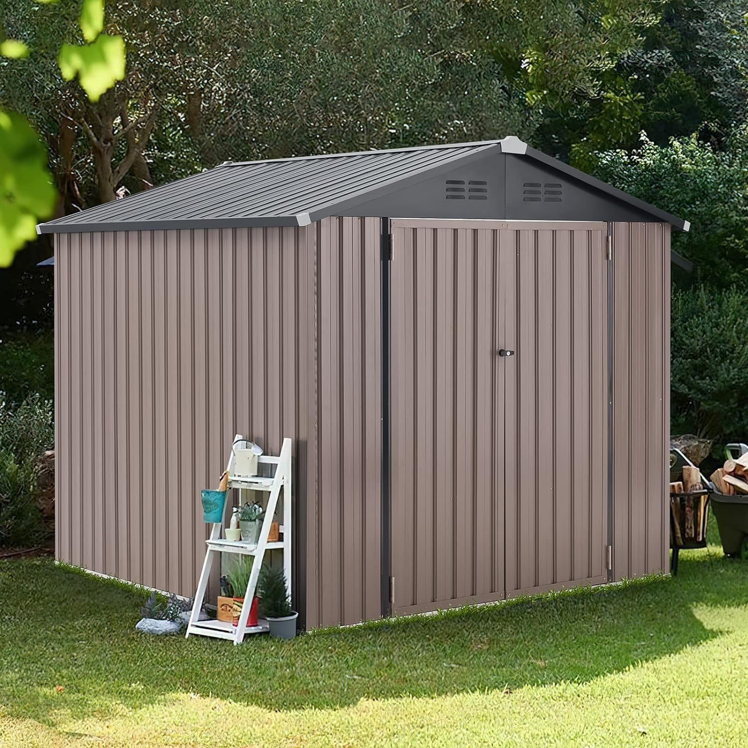 YODOLLA 10' x 8' Outdoor Metal Storage Shed in Brown Patio Storage Building with Lockable Door for Garden, Backyard