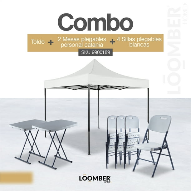 Toldo Plegable Impermeable +Paquete 2 Mesas Plegables Personales + 4 Sillas Plegables Blancas LOOMBER