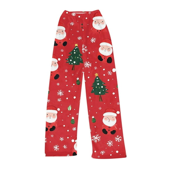 Women's Soft Comfortable Plush Casual Pyjama Bottoms with Christmas Snowflake and Tree Print, Home Sleep Pants for Winter Wear, Cozy Lounge Pants and Indoor Use, Vermilion, S