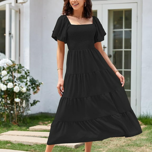 Wycnly Summer Dresses for Women Womens Summer Dresses Beach Boho Elastic Waist Flowy Ruffle Swing A Line Long Dress Women Vintage Solid Square Neck Short Sleeve Maxi Sun Dresses