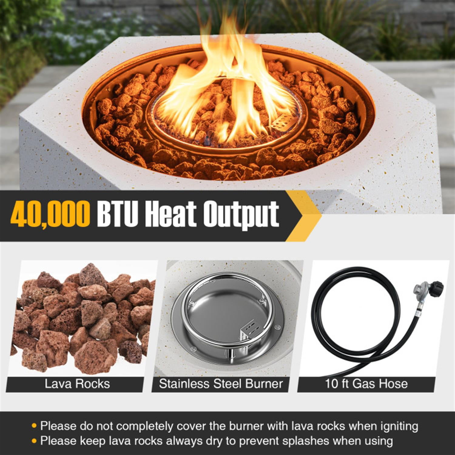 Demi Bonn 40000 BTU 28" Hexagon Terrazzo Propane Fire Pit Table with Stainless Steel Burner, White