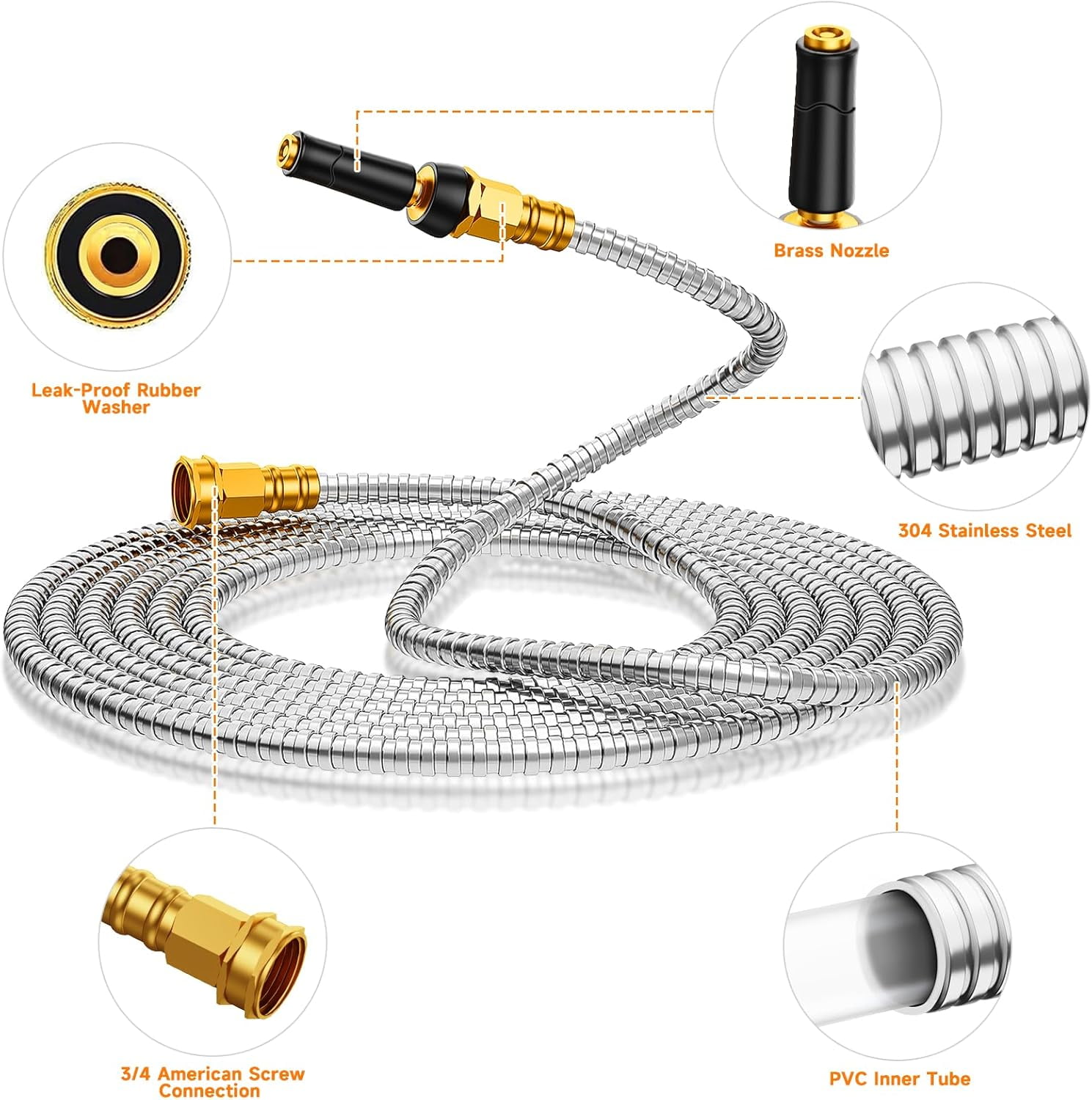 Garden Hose 100 FT, Heavy Duty 304 Stainless Steel Flexible Water Hose, No-Kink, No Bite, Expandable Water Hose for Yard, RV, Car