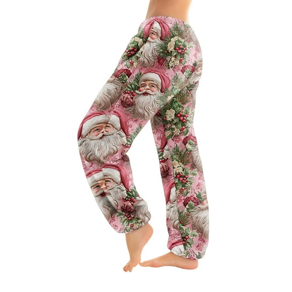 Women's Cuff Pajama Pants, Christmas Print Flannel Sleepwear, Elastic Waist Casual Lounge Pants, Cozy Nightwear for Winter and Holidays,Pink,2XL