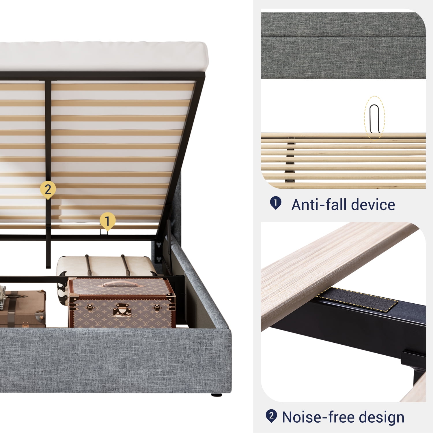 Allewie Full Size Lift Up Platform Storage Bed Frame with Channel Wingback Headboard, Grey Blue