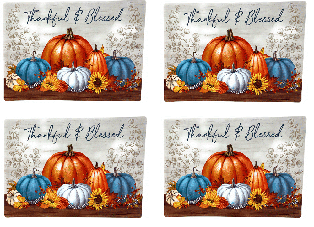 Thankful Blessed Placemats 13x18" Set of 4 Tapestry Thanksgiving White Pumpkin 