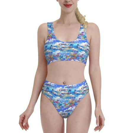 High Waisted Bikini Sets For Women  Blue Travel Car Flower Swimsuits Tummy Control  Two Pieces Bathing Suit