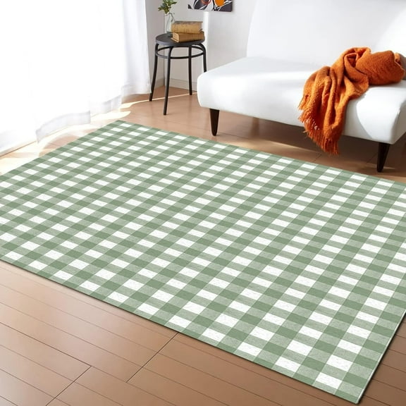Sage Green Buffalo Plaid Area Rug, Farmhouse Green White Geometric Plaid Washable Rugs, with Anti-Slip Backing Indoor Large Carpet for Living Room Bedroom Study Dining Room-2x3ft