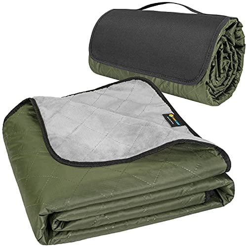 SUN CUBE Outdoor Waterproof Blanket, Large Fleece Camping Blanket for Picnic, Festival, Stadium Blanket, Quilted Weather Windproof Car Throw Blanket, Beach, 60x80, Olive Green/Light Grey Fleece