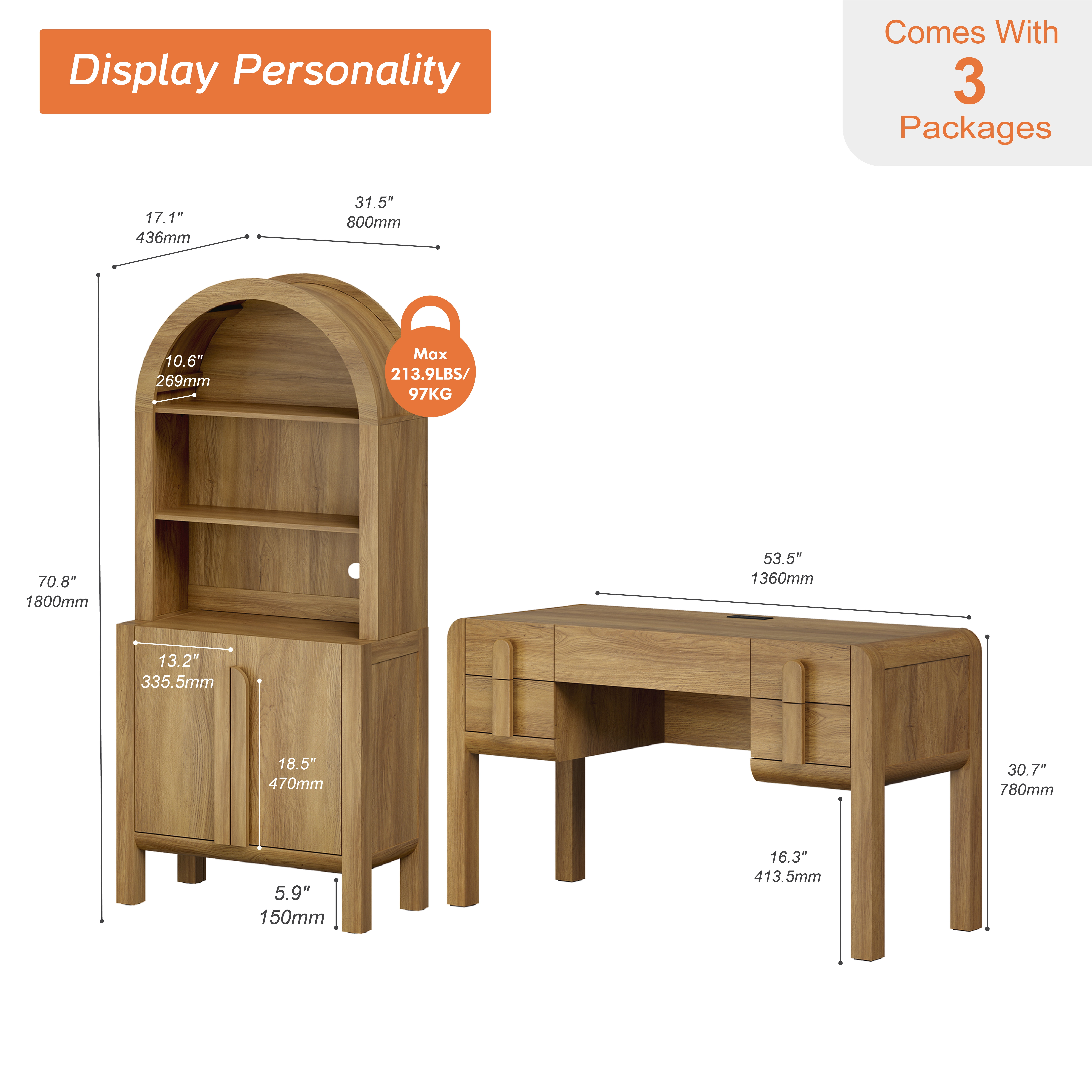 2 Piece Office Set, 53.5" Modern Executive Desk with Charging Station and Drawers & 71"H Tall 5-Tier Arched Bookcases with Storage Cabinet for Living Room, Bedroom, Home Office