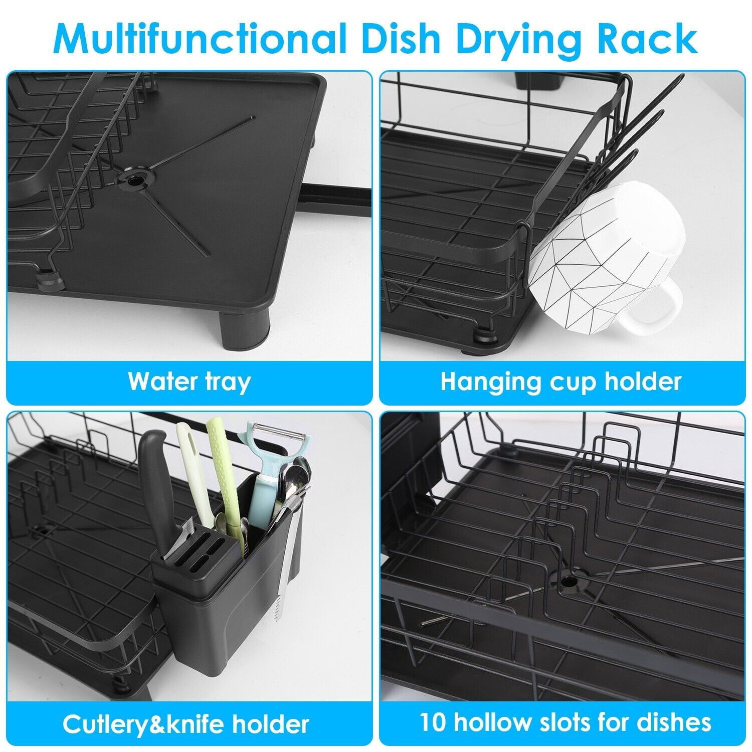 Dish Drying Rack with Utensil Holder and Knife Slots, Stainless Steel Dish Rack for Kitchen Counter, Black