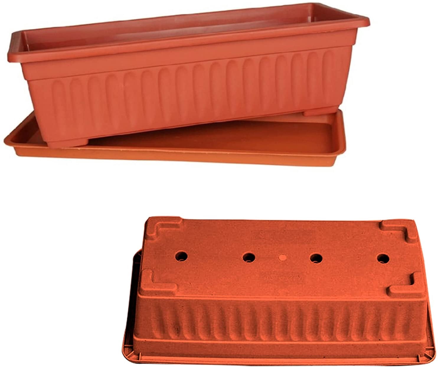 3 Pcs Window Box Flower Pots with Saucer, 15 Inches Plastic Rectangular Planters,for Windowsill,Patio, Garden, Home Decor, Porch (Brick Red)