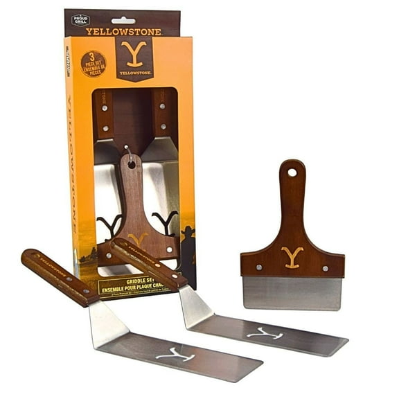 Yellowstone Griddle Set - 3pc Tool Kit. Griddle Accessory Set Includes 2 Spatulas/Turners and 1 Scraper | Ideal BBQ Grill Accessories | Authentic Yellowstone Merchandise