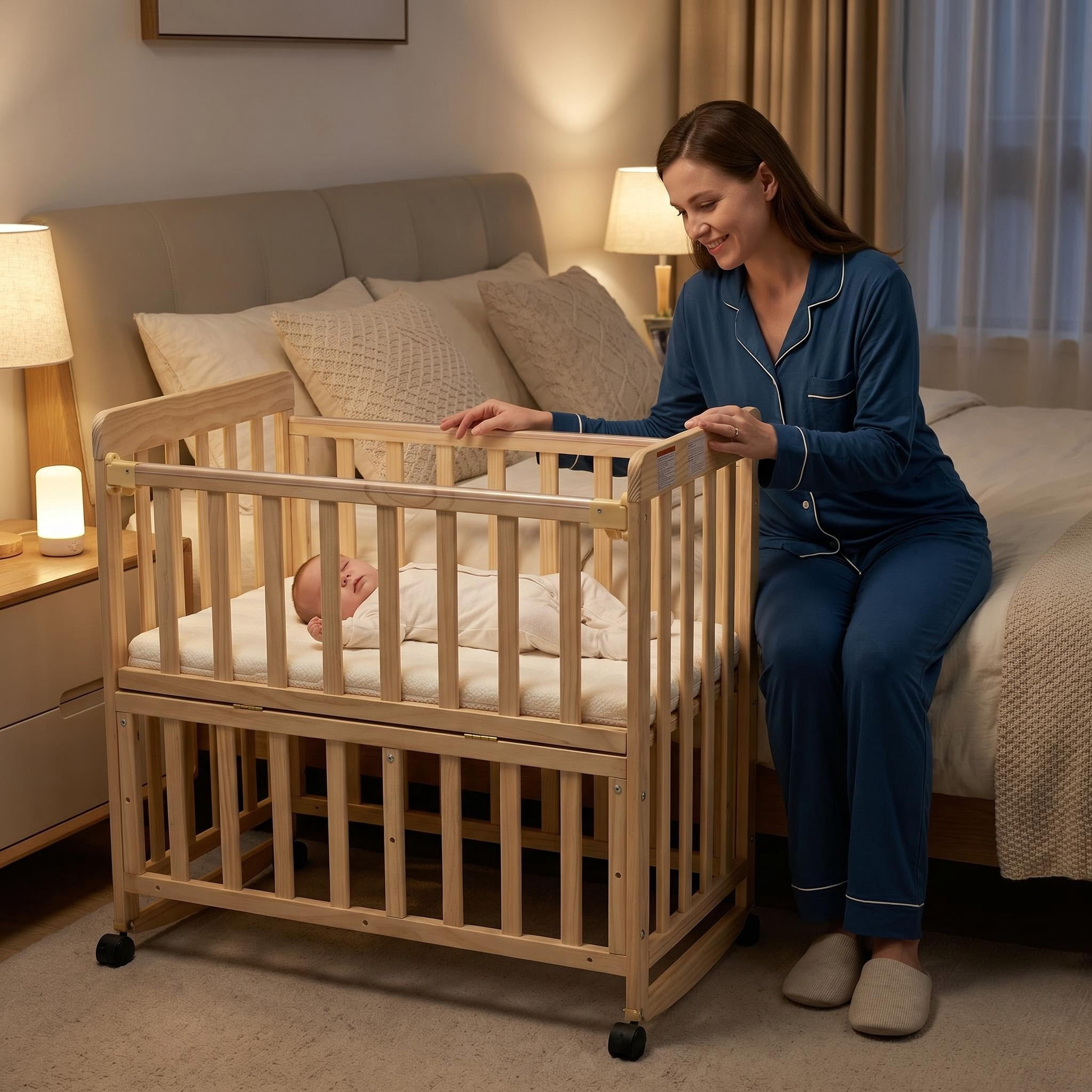 Solid Pine Convertible Baby Bassinet Bedside Sleeper, 3 Adjustable Heights Mini Crib with Breathable Mattress, Portable Newborn Toddler Bed with Lockable Wheels