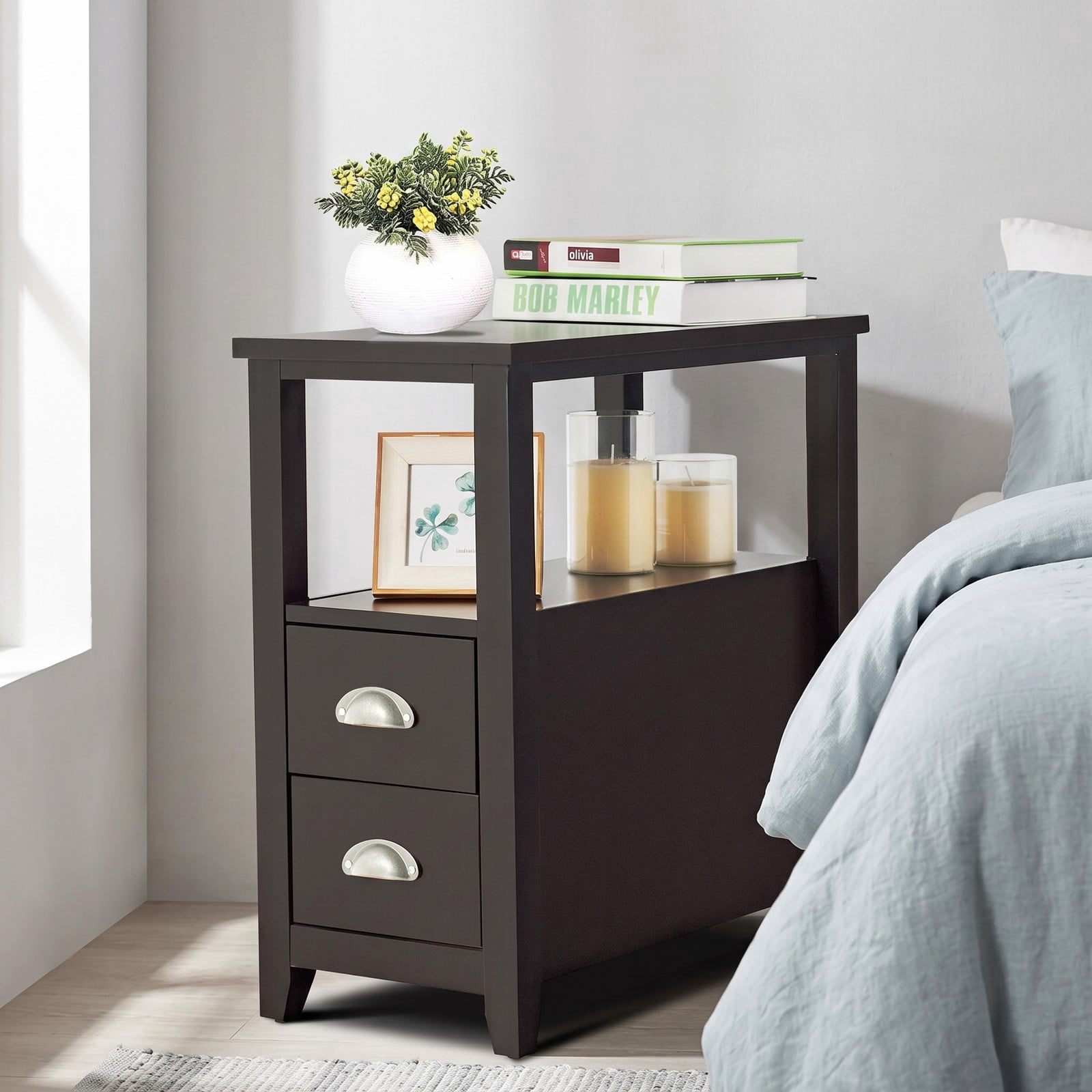 Furnibear Set of 2 Narrow Nightstands with 2 Drawers and Open Shelf Wooden Bedside End Tables for the Bedroom, Dark Brown