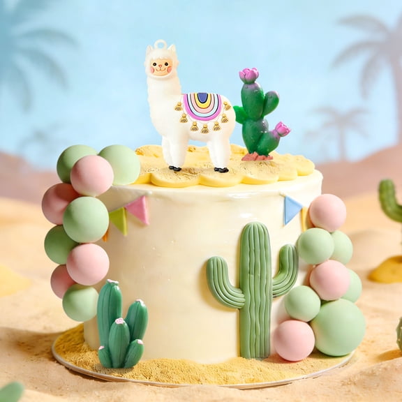Alpaca Cactus Cake Decorations Set - Desert Theme Party Decor for Birthday & Gathering