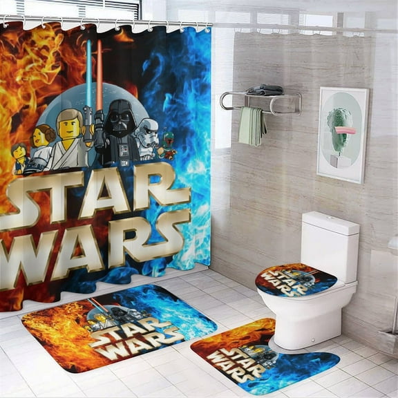4 Pcs Shower Curtain Set Darth Vader Shower Curtain with 12 Hooks, Non-Slip Rugs,Toilet Lid Cover And Bath Mat for Bathroom Decor