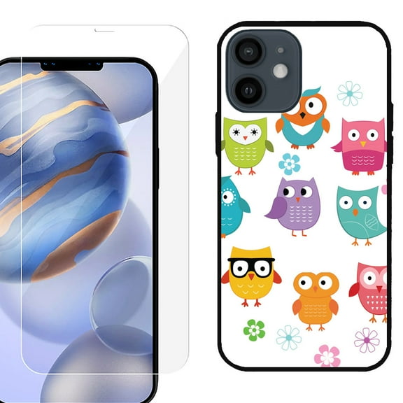 Slim-Fit Protective Phone Case (Black) compatible with iPhone 12 / iPhone 12 Pro, with Tempered Glass Screen Protector, by OneToughShield ® - Happy Owl