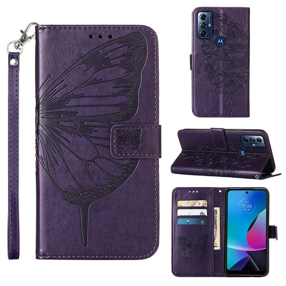 SaniMore Case for Motorola Moto G Play 2023 (6.5"), PU Leather Skin with Luxury Embossed Butterfly [Wrist Strap & Card Slots & Flip Kickstand] Full-body Shockproof Business Wallet Cover, Purple