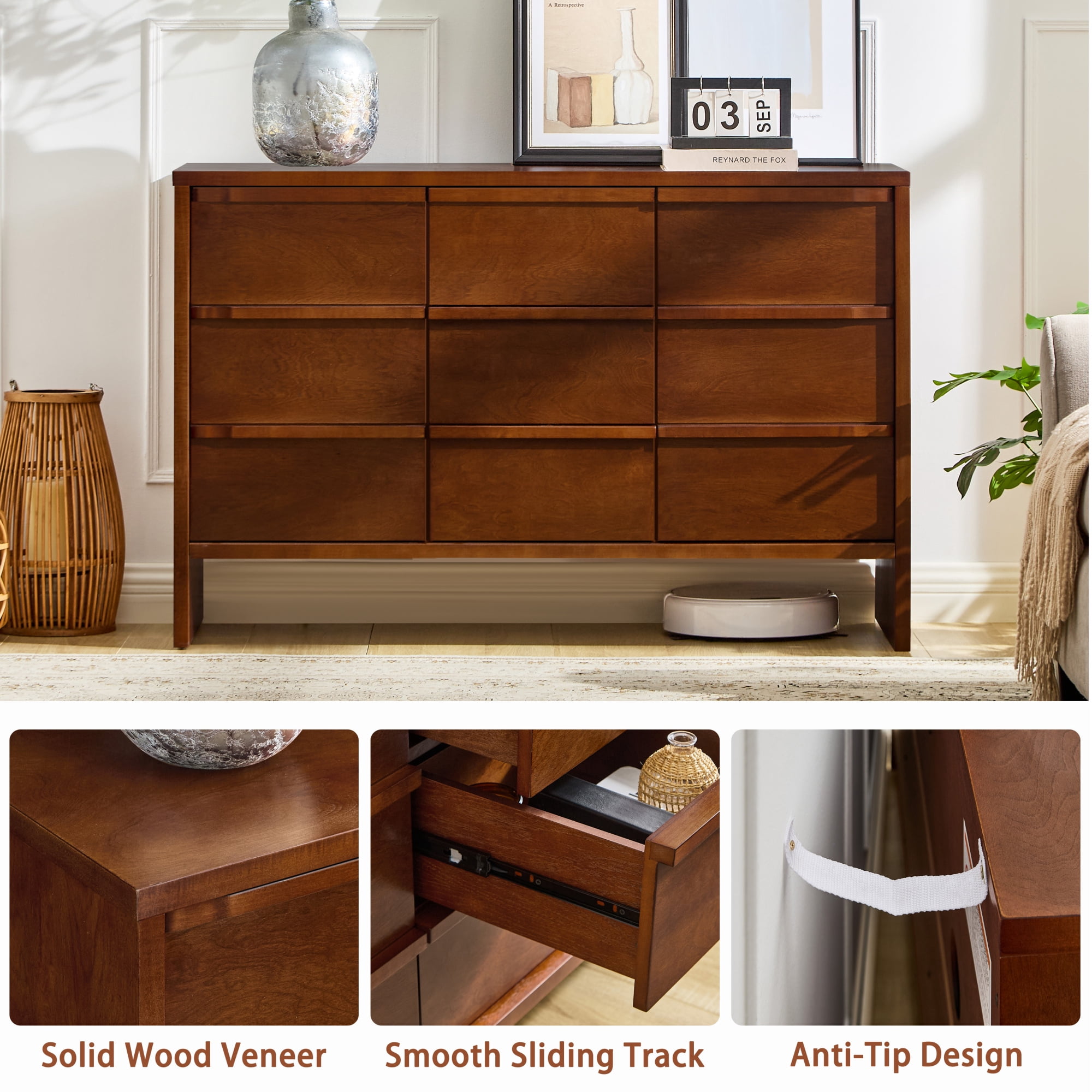 Leumius 47.3" Modern Sideboard Buffet Cabinet, Accent Console Table with 2 Doors, 3 Drawers and Solid Wood Handles, Multipurpose Storage Cabinet for Kitchen, Dining Room and Living Room Walnut