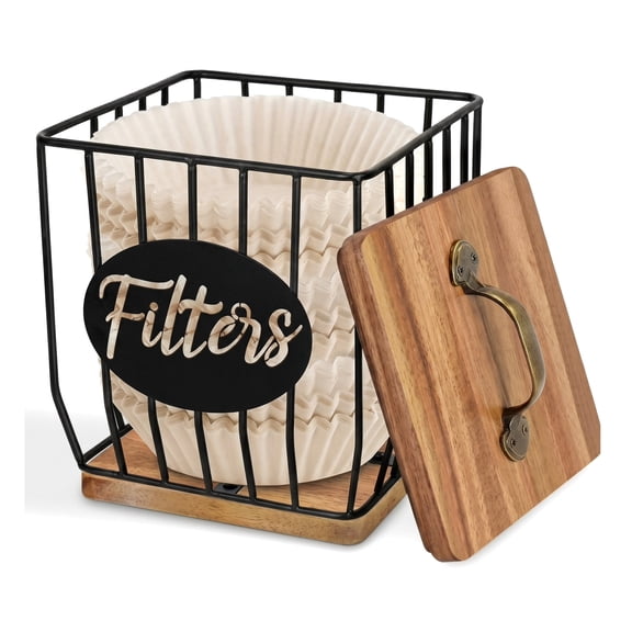 Large Coffee Filter Holder with Wood Lid & Metal Handle, Rustic Organizer for 6.3" Filters, Non-Slip Base, Multipurpose Storage Basket for Coffee Pods & More