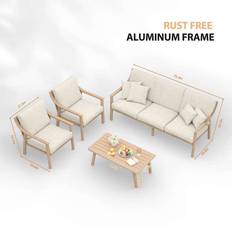 4-Piece Outdoor Patio Furniture Set for 5, Aluminum Outdoor Conversation Set Includes 1 Three-Seater Sofa, 2 Armchairs, and 1 Coffee Table