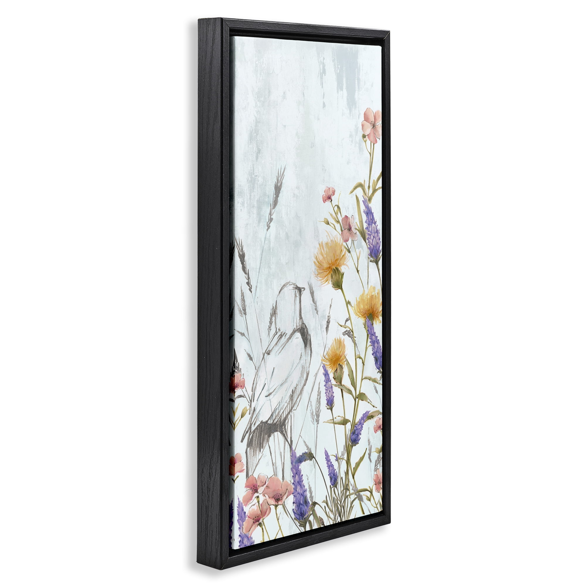 Stupell Industries Bird Outline with Wildflowers Plants & Flowers Painting Black Floater Framed Canvas Art Print Wall Art, 14 x 31