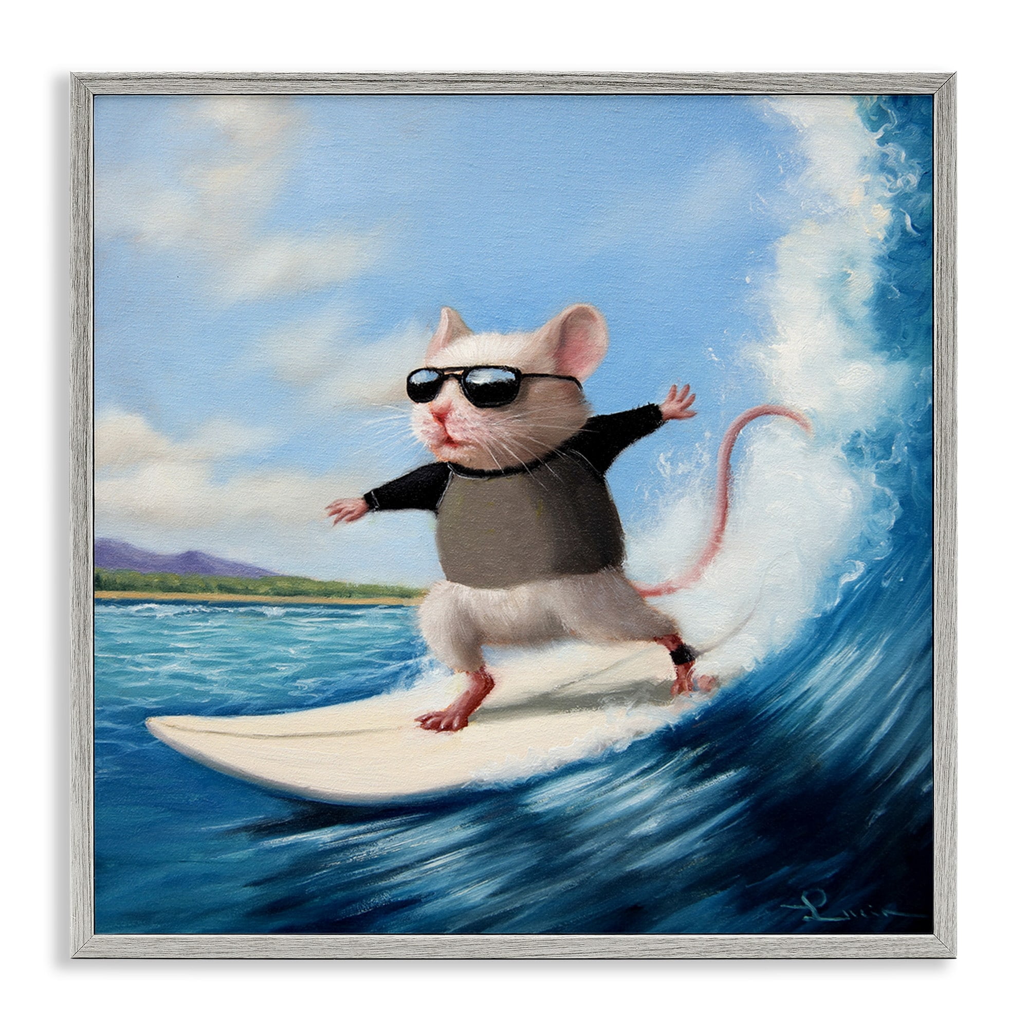 Stupell Industries Cool Surfer Mouse Blue Ocean Waves Surfboard Framed Wall Art, 17 x 17, Design by Lucia Heffernan