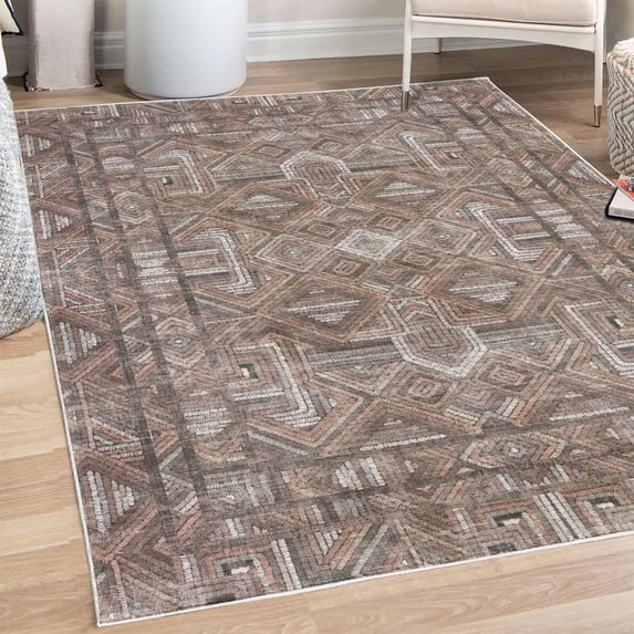 Modern Decorative Rug, Colorful Abstract Pipe Look Lines Ethnic Tribal Motifs Bohemian Cultural, Quality Carpet for Bedroom Dorm and Living Room, 6 Sizes, Brown Grey Pale Salmon, by Ambesonne